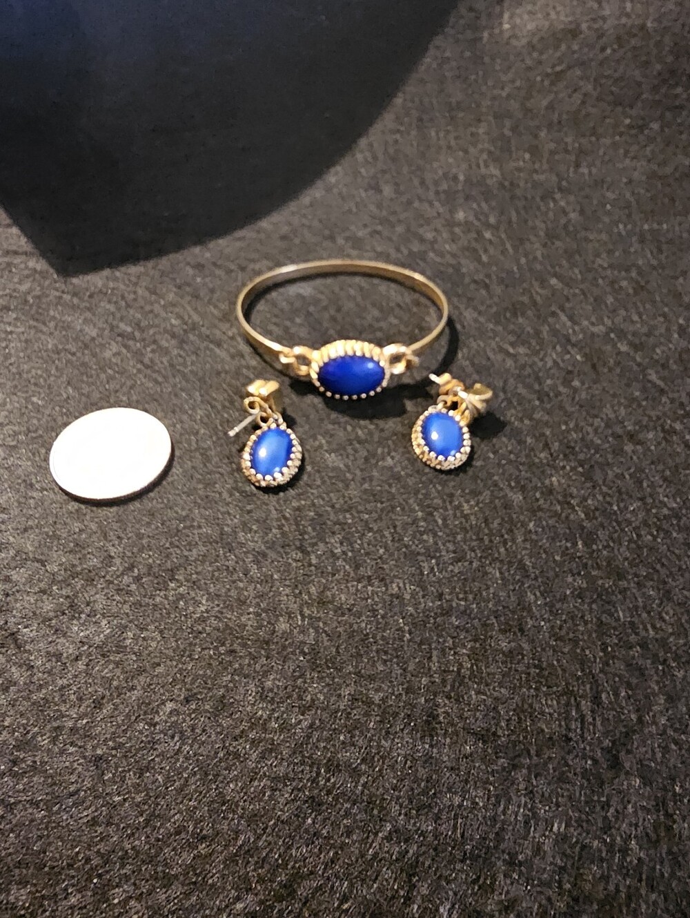 Gold-Tone Blue Cabochon Bracelet Bangel and Earring Set Avon Set - Picture 2 of 3